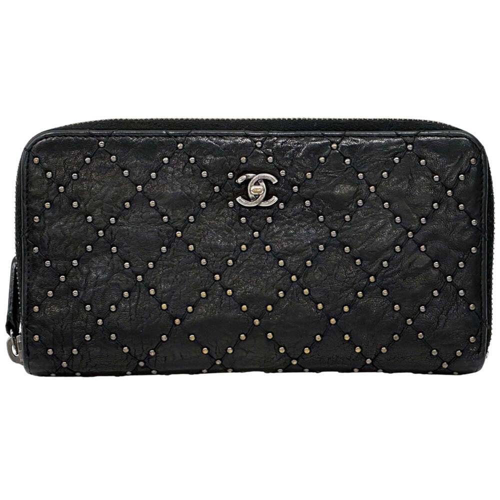 Chanel Matelassé Studded Long Wallet for Women - Black Leather with Silver Ha...